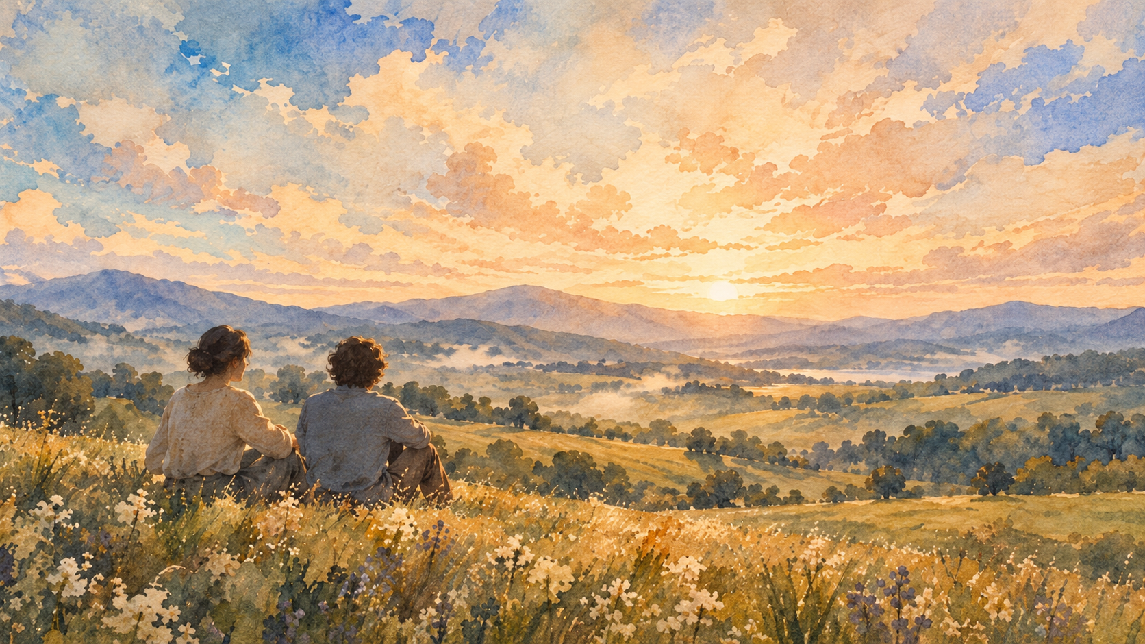 Two people sitting together in a wildflower meadow, looking across a spacious sunlit valley