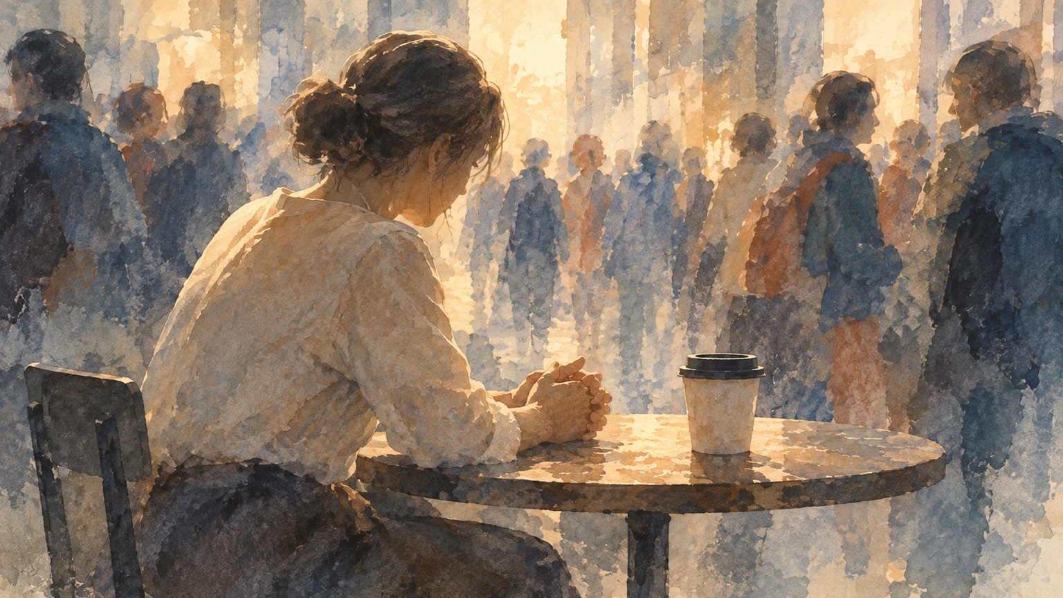 A woman pausing at a café table while the busy world passes around her